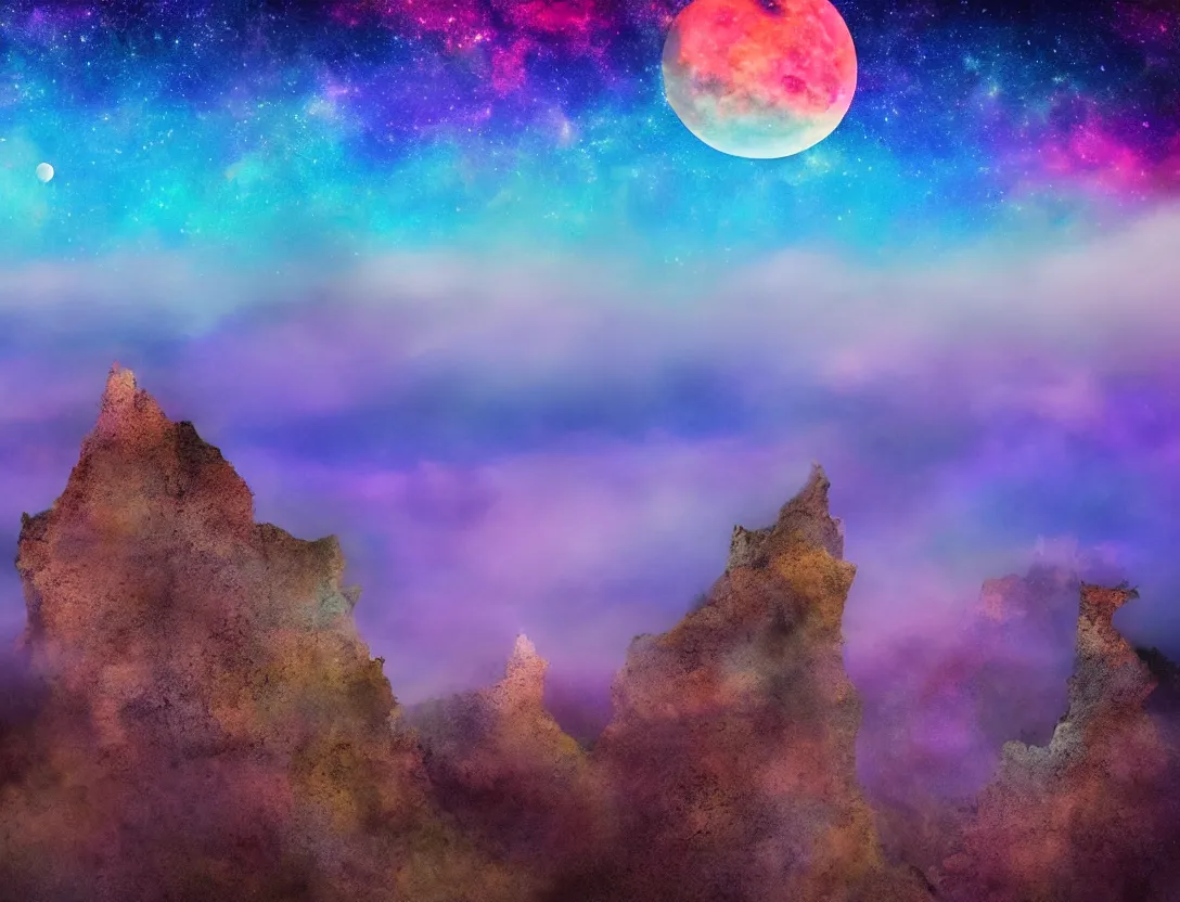 Prompt: colorful sky, mist, moon and stars, jagged cliffs In the style of Midjourney