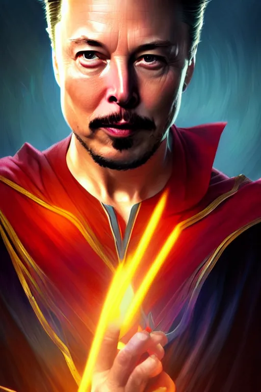 Image similar to elon musk as dr strange, realistic portrait, symmetrical, highly detailed, digital painting, artstation, concept art, smooth, sharp focus, illustration, cinematic lighting, art by artgerm and greg rutkowski and alphonse mucha