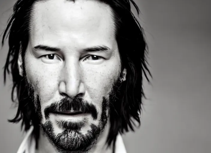 Prompt: close up portrait photograph of Keanu Reeves!!! Smoking a cigarette, symmetric face!!! ((Symmetric round eyes!!! )) . Wavy long hair. He looks directly at the camera. Slightly open mouth, face takes up half of the photo. an ocean visible in the background. 55mm nikon. Intricate.