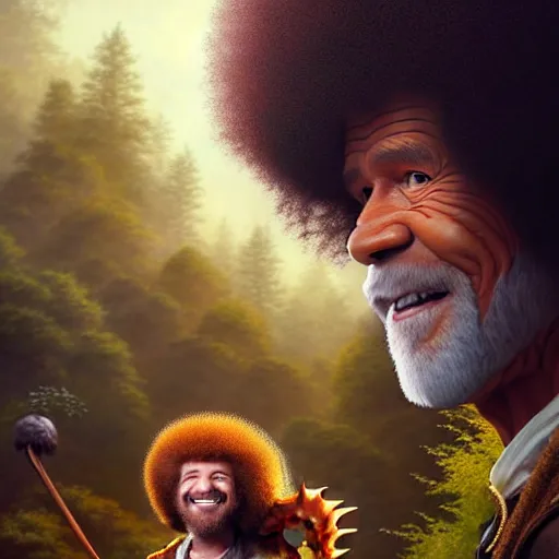 Prompt: bob ross!!! riding!!! a dragon!!, giant afro!, model pose, ultra realistic, concept art, intricate details, highly detailed, photorealistic, octane render, 8 k, unreal engine. art by artgerm and greg rutkowski and alphonse mucha