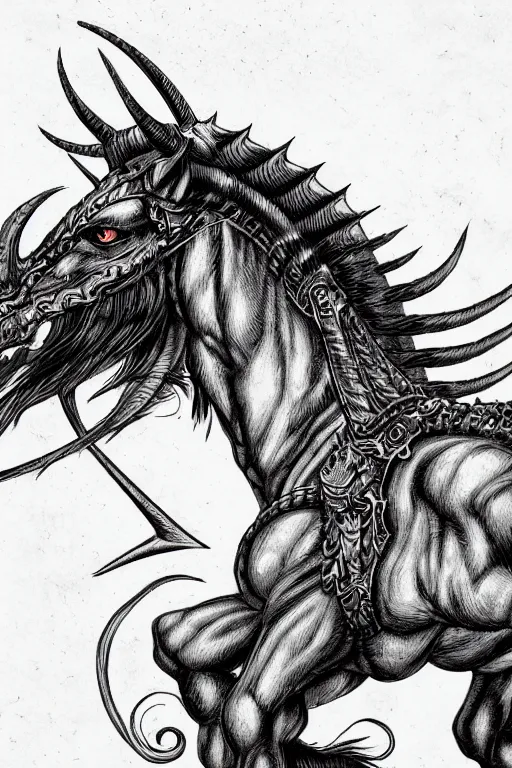 Image similar to demon horse with a horn, symmetrical, highly detailed, digital art, sharp focus, trending on art station, kentaro miura manga art style