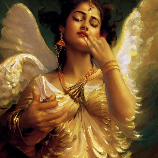 Image similar to detailed portrait of hindu traditional girl with angel wings coming down to earth in baroque painting, girl graceful, eyes closed, painting by gaston bussiere, craig mullins, j. c. leyendecker