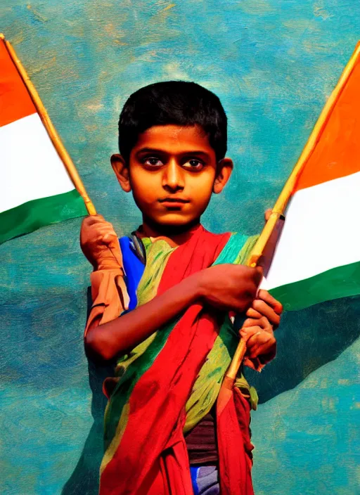 Prompt: a young indian boy holding an indian flag, backlit, oil painting, art, cinematic