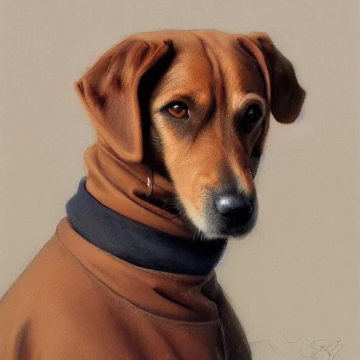Prompt: a oil painting portrait of Dog wearing a turtleneck, highly detailed, digital painting, artstation, concept art, sharp focus, illustration, art by artgerm and greg rutkowski and alphonse mucha