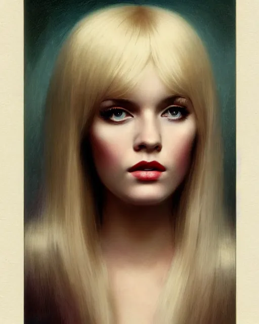 Prompt: portrait 1 9 6 0 s elegant blonde beautiful mod girl, long straight 6 0 s hair with bangs, groovy, by tom bagshaw, sargent