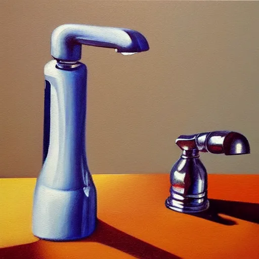 Image similar to a painting of a faucet and soap dispenser, an airbrush painting by janet fish and ( ( ( howard arkley ) ) ), trending on artstation, photorealism, hyper realism, oil on canvas, detailed painting