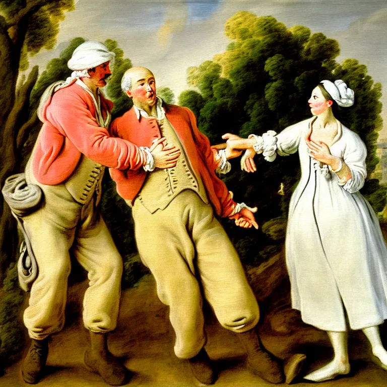 Prompt: A Socialist Realism style Action Painting made with Gesso on Alabaster of A Principled Dressed Brickmason tempting A Nursing Aide in the style of Jean Antoine Watteau