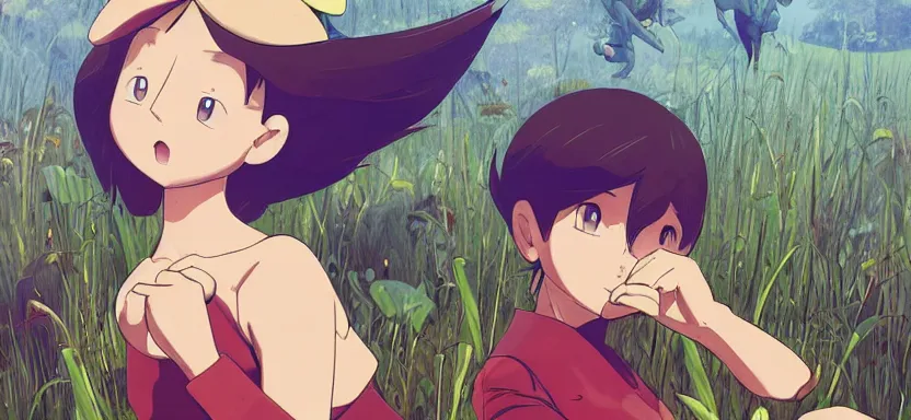 Prompt: pokemon creatures playing in the tall grass, digital painting masterpiece, by ilya kuvshinov, by frank frazetta, by mœbius, by reiq, by hayao miyazaki, intricate detail, beautiful brush strokes, advanced lighting technology, 4 k wallpaper, interesting character design, stylized yet realistic anatomy and faces, inspired by kill bill animated scene