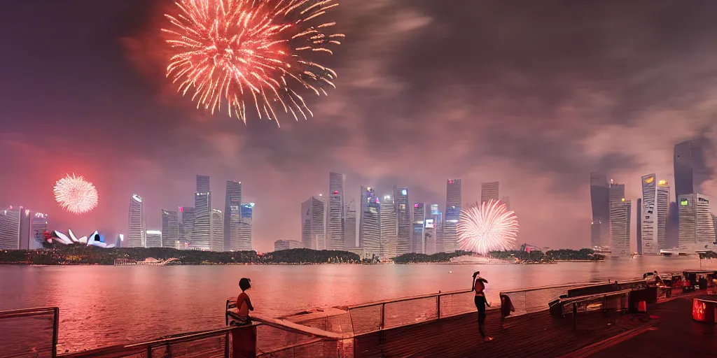 Image similar to Singapore city, Singapore Esplanade, Singapore Marina Bay, with a lion-shaped cloud in the sky and fireworks in the sky, by greg rutkowski, red and white lighting, digital art, ultra realistic, ultra detailed, photorealistic, 4k, character concept