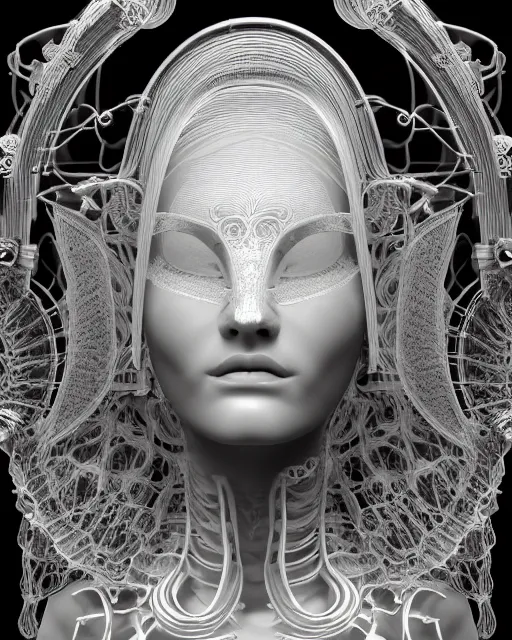 Image similar to mythical dreamy black and white organic bio-mechanical spinal ribbed profile face portrait detail of translucent steampunk beautiful female angelic-human-queen-vegetal-cyborg, highly detailed, intricate trnaslucent ivy jelly ornate, poetic, translucent roses ornate, 3D render, digital art, octane render, 8K artistic photography, photo-realistic, by Dora Maar