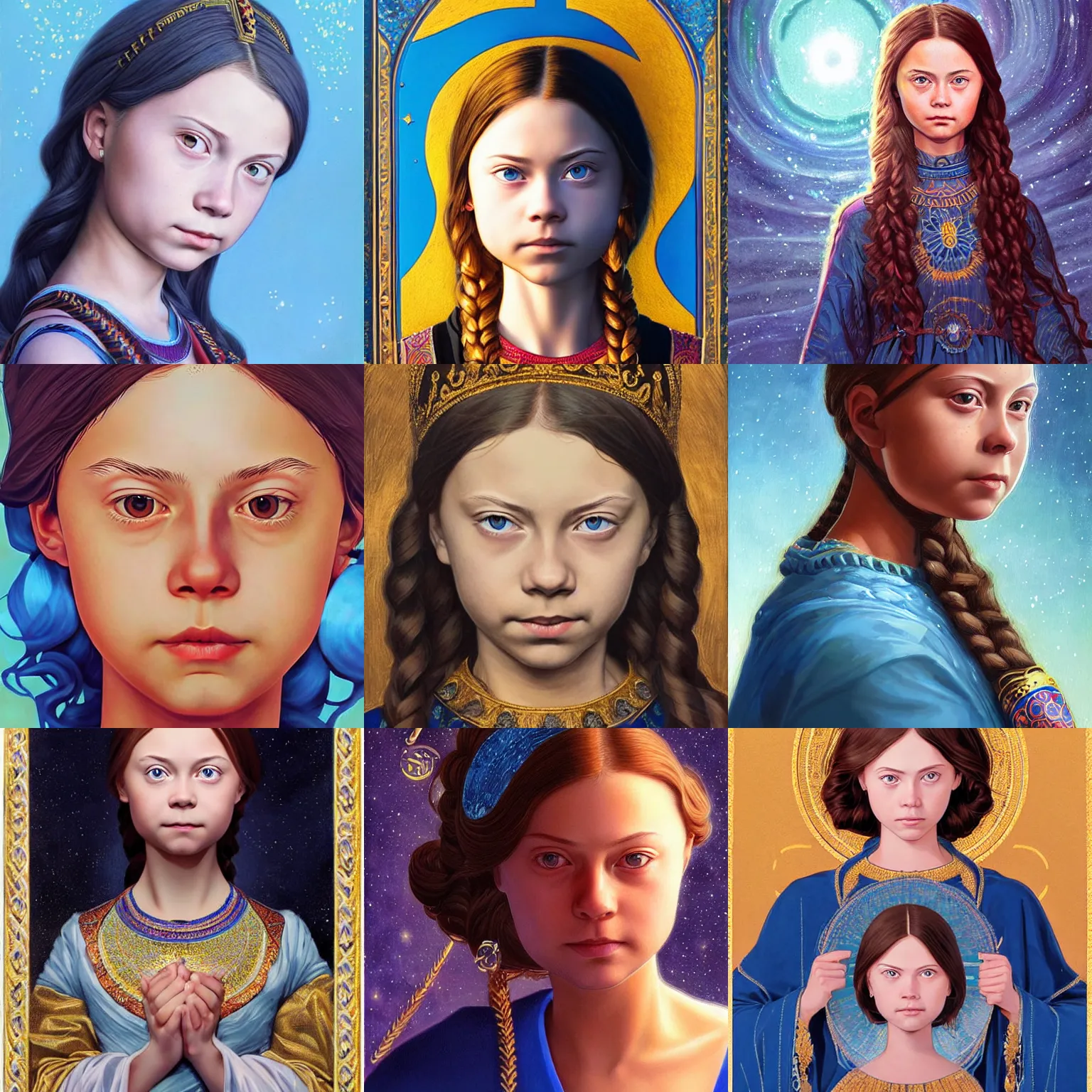 Prompt: a greta thunberg with short wavy curly light brown hair and blue eyes, a space empress in byzantine style. beautiful highly detailed face, painting by ilya kuvshinov