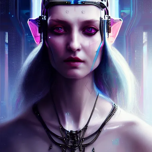 Image similar to cyberpunk robotic dark elvish queen, diadem on the head, extremely detailed, hyperrealistic, intricate, soft light, fantasy, digital painting, art station, perfect faces, fine details, by wlop