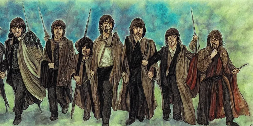 Prompt: the beatles in lord of the rings, fantasy art style