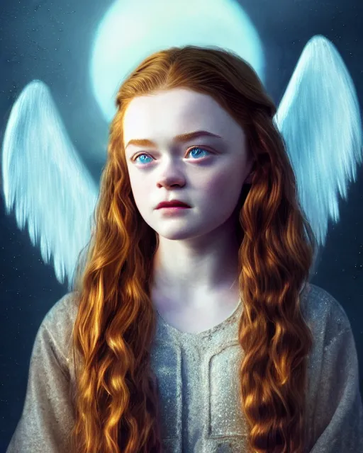 Prompt: Full body potrait of sadie sink as an angel, hyper realistic, prismatic highlights, atmosphere, gorgeous, depth of field, cinematic, macro, concept art, 50mm, artstation, wlop, elegant, epic, weta digital, focus, octane render, v-ray, 8k, kodak portra, art by Liberatore