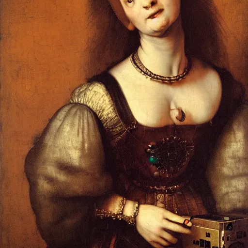 Prompt: renaissance portrait of a woman with retro tv instead of head, by rembrandt and by valentin de boulogne