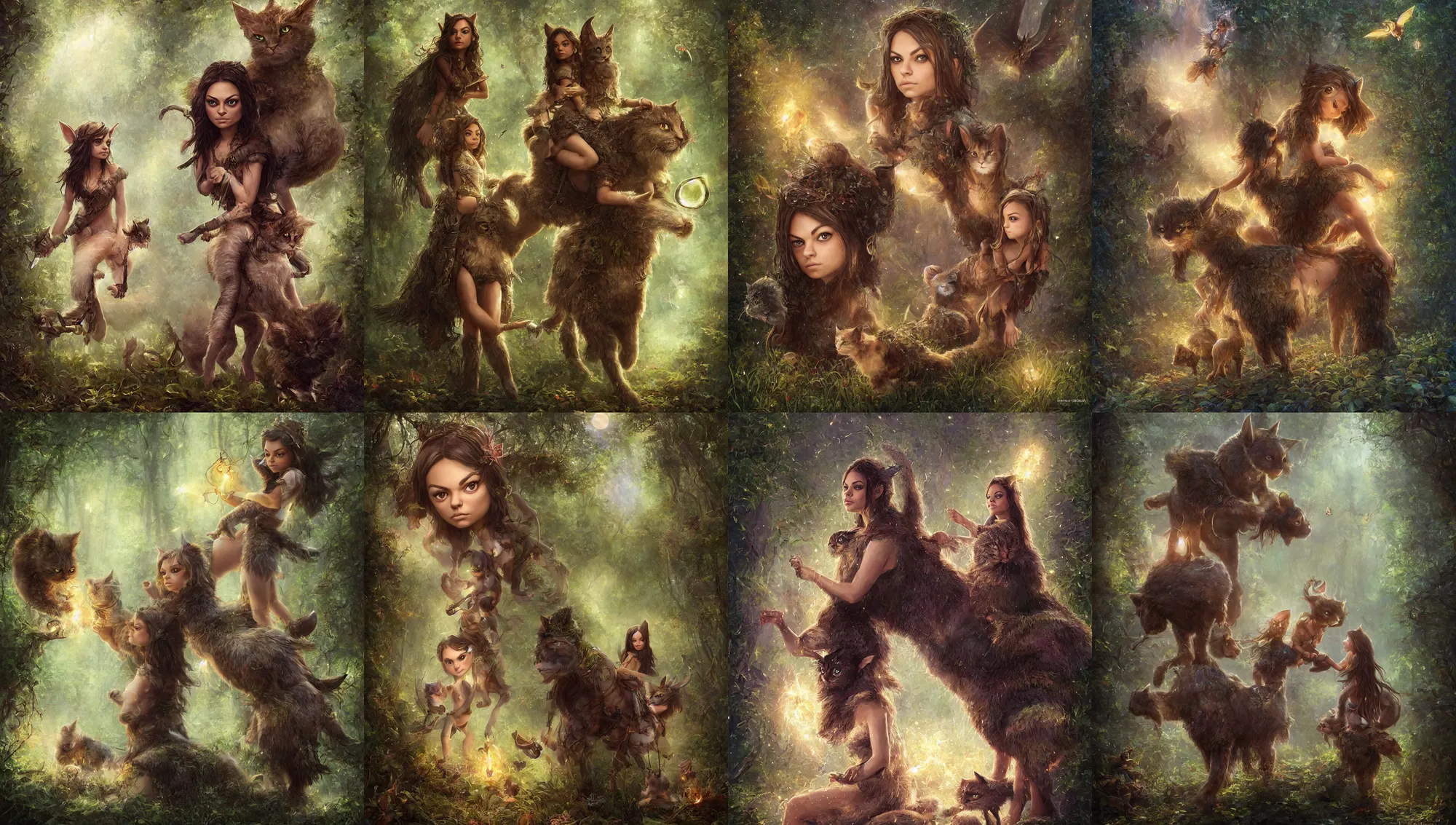 Image similar to portrait of wondrous little mila kunis mounted on a large fluffy cat warrior through mystical mythical elven forest, fireflies, electricity, wlop, steve argyle, ilya kuvshinov, ralph horsley, rossdraw, mark ryden, daniel f. gerhartz, sophie anderson, lilia alvarado, tom chambers