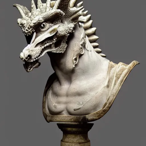 Image similar to beautiful ancient marble bust of a handsome dragon in a museum, 4k museum photography, detailed renaissance sculpture of a dragon