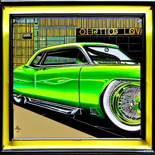 Image similar to lime green low rider by art fitzpatrick, detailed, golden ratio, symmetrical, shiny, gloss