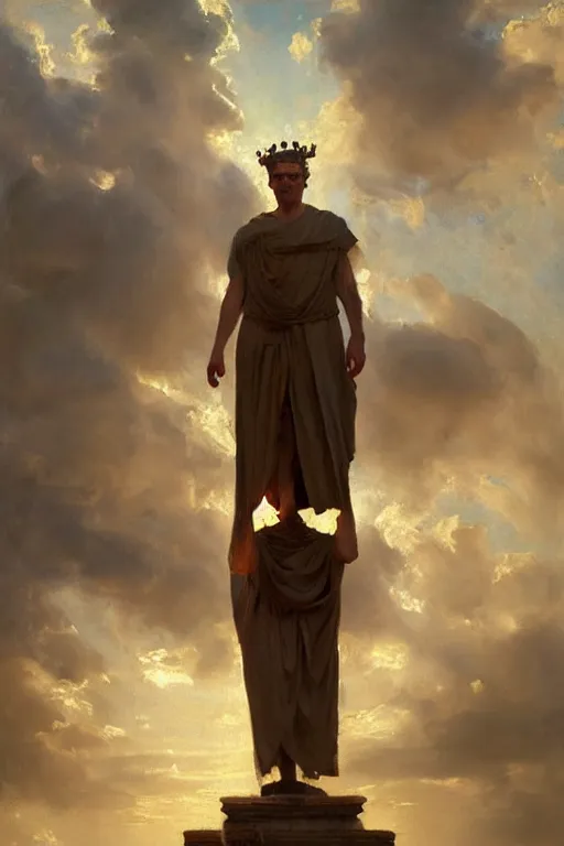 Image similar to beautiful oil painting portrait of ancient roman god emperor steve buscemi wearing the civic crown levitating and ascending religious pose, ascension, art by anders zorn, wonderful masterpiece by greg rutkowski, expressive brush strokes, beautiful cinematic light, american romanticism by greg manchess, jessica rossier