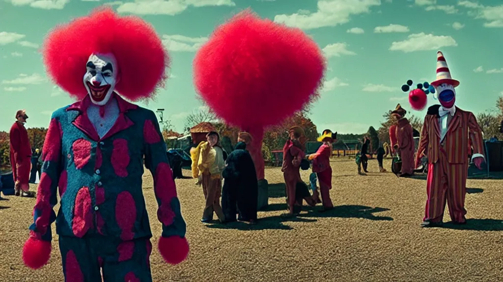 Image similar to the clown monster at the fair, they scare me, film still from the movie directed by denis villeneuve and david cronenberg with art direction by salvador dali and dr. seuss