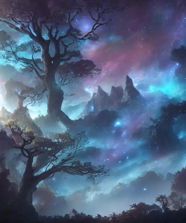 Image similar to a beautiful dreamlike terrain with large twisting trees and the nebula peeking through the sky, digital matte painting by yucong tang