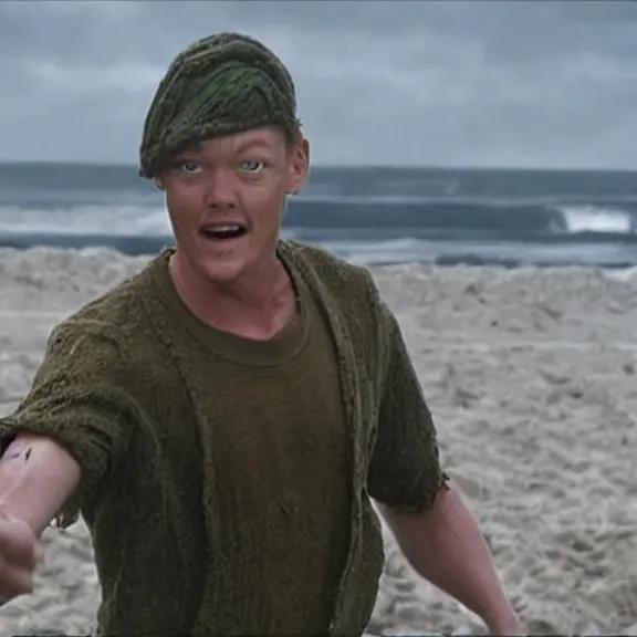 Image similar to photo realistic image of Matthew Lillard as ultra instinct shaggy, storming the beaches of Normandy in 1944, HD, Hollywood cinema, Christopher Nolan