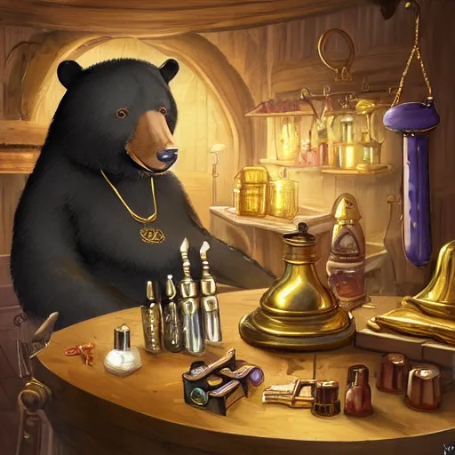 Image similar to Anthropomorphized black bear trader in his shop, selling his wares, portrait, items, gold, magic potions, carpet, window, fancy hat, sly expression , cunning expression, cute expression, long thick shiny gold beak, presenting wares, holding a gold bag, D&D, fantasy, cinematic lighting, highly detailed, digital painting, artstation, concept art, smooth, sharp focus, illustration, warm light, cozy warm tint, magic the gathering artwork, volumetric lighting, 8k, art by Akihiko Yoshida, Greg Rutkowski