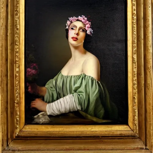 Prompt: lady gaga as a handmaiden, 1 8 0 0 s oil on canvas painting,