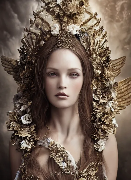 Image similar to expressive full body photo of a female model as beautiful angel, ornate headpiece made from flowers, ivory, ornaments, glamour shot, by karol bak, by stefan gesell, octane render, unreal engine, photorealistic, canon r 3, fashion photography, studio shot, environmental portrait, dark fantasy, dark beauty, magazine