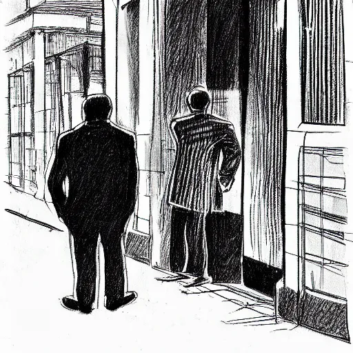 Prompt: a person in a suit with his head out of the shot walking by a homeless man begging for food, new york, pencil illustration, detailed, black and white