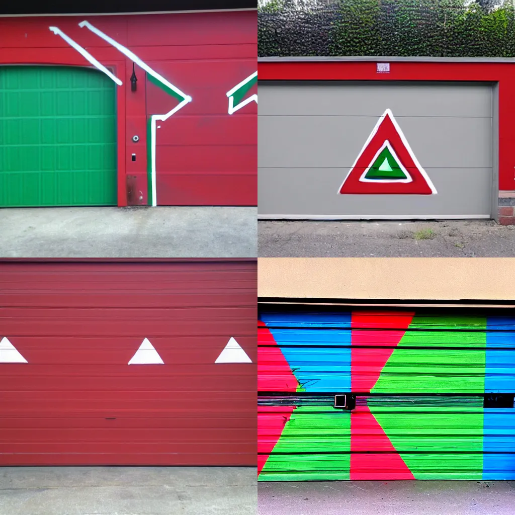 Prompt: Garage door graffitti. Three red triangles and four green squares.