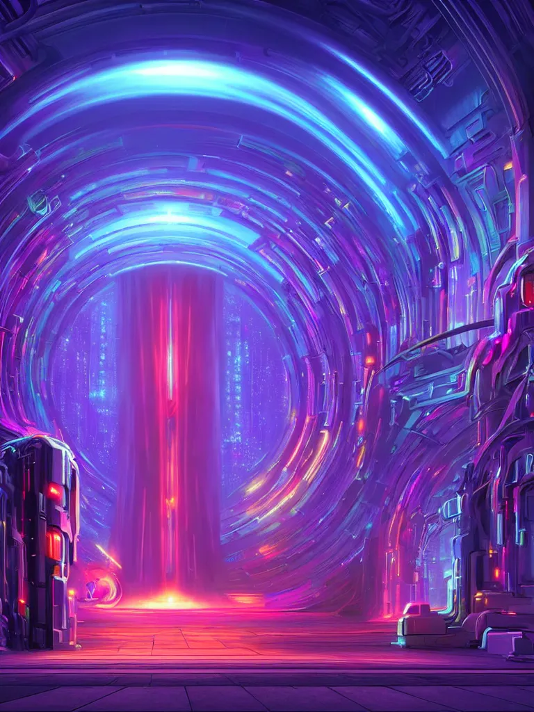 Image similar to entrance to mainframe ethereal realm, ai sentient, rendered in unreal engine, central composition, symmetrical composition, dreamy colorful cyberpunk colors, 6 point perspective, fantasy landscape with anthropomorphic terrain in the styles of igor morski, jim warren and rob gonsalves, intricate, hyperrealistic, volumetric lighting, neon ambiance, distinct horizon