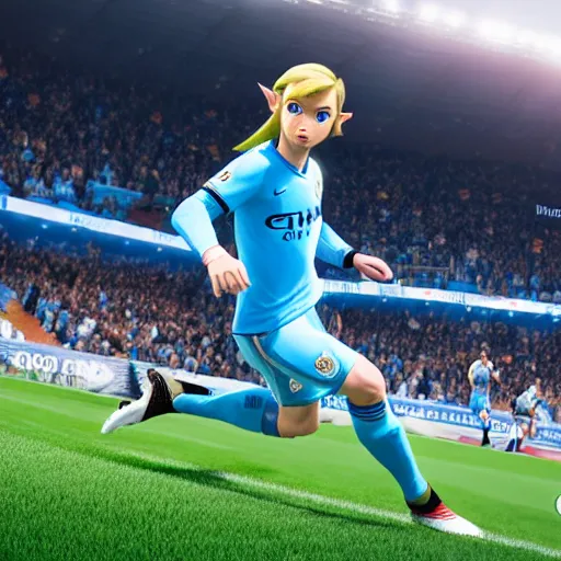 Image similar to screenshot of link zelda in fifa 2 1, manchester city, ea sport, rtx geforce experience, best graphics