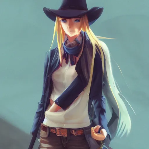 Prompt: blonde anime girl wearing a cowboy hat, anime style, fantasy art, by makoto shinkai, by wenjun lin, digital drawing