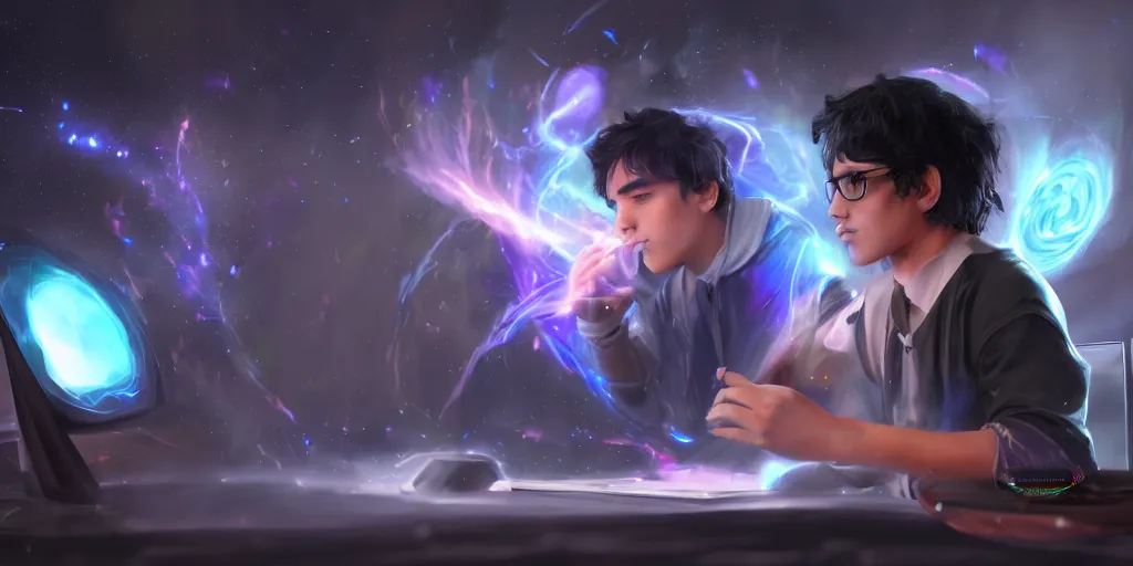 Image similar to a young mage creating a universe in his pc, a male mage in his 2 0 s with black hair sitting in front of huge monitor. extremely detailed, award - winning art, trending on artstation