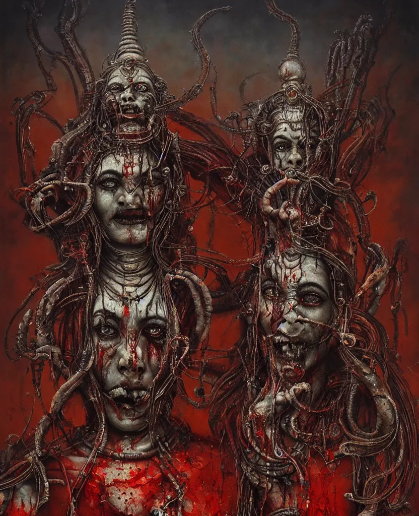 Prompt: One many-armed Shiva dancing. Drops of blood. Dark colors, high detail, hyperrealism, horror art, masterpiece, close-up, zoom, concept art, octane render, biopunk, body-horror, ceremonial portrait, art by Greg Broadmore, Esao Andrews, Beksinski, Giger