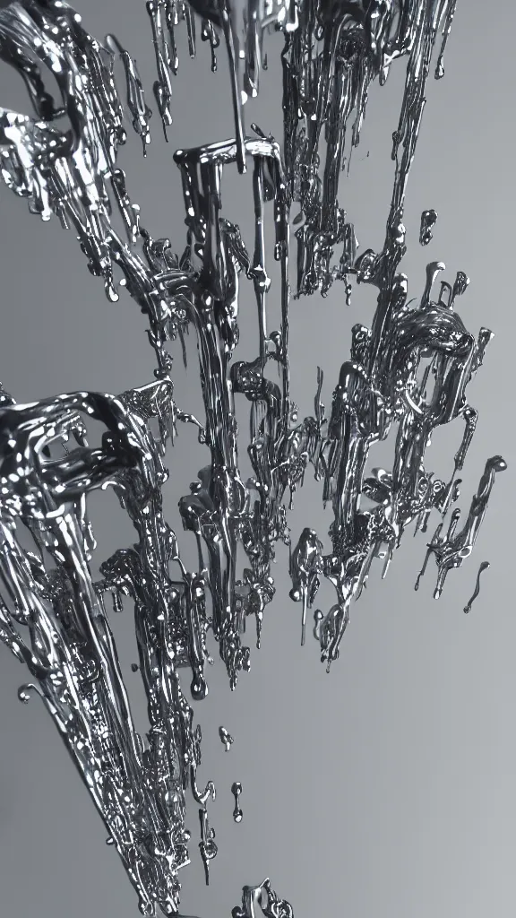 Image similar to abstract impossible chrome drippy sculpture fine art jewelry, concept art, 3D object, octane render, unreal engine