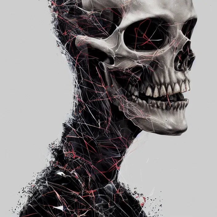 Image similar to portrait of rosie huntington-whiteley as a skull in a suit. intricate abstract. intricate artwork. nightmare fuel. by Tooth Wu, wlop, beeple, dan mumford. octane render, trending on artstation, greg rutkowski very coherent symmetrical artwork. cinematic, hyper realism, high detail, octane render, 8k, iridescent accents