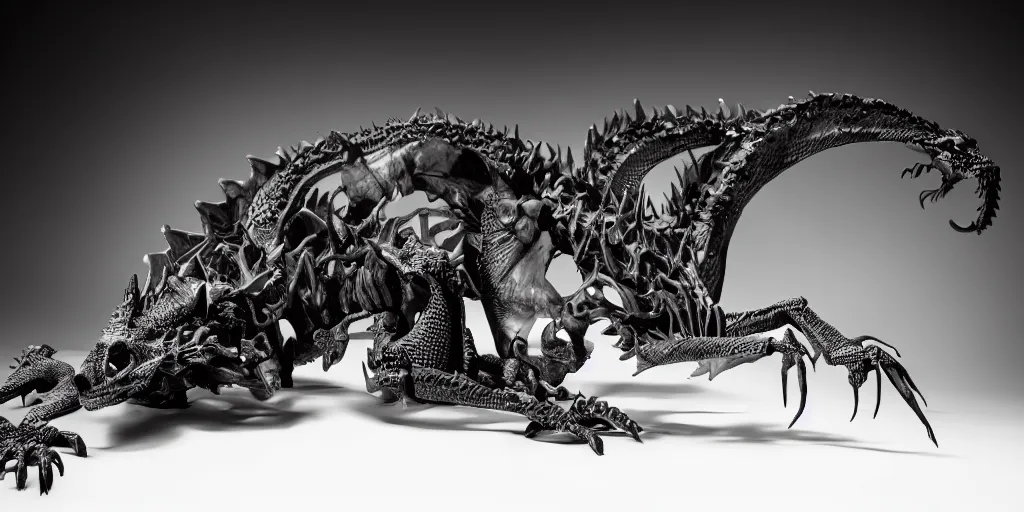 Image similar to dragon skeleton, studio photography, 4 k, black background, studio lighting, harsh lighting