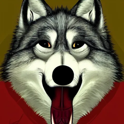 Image similar to portrait of retarded wolf, he is sick with rabies, very big teeth, eyes in different direction, missing ear, soviet propaganda style