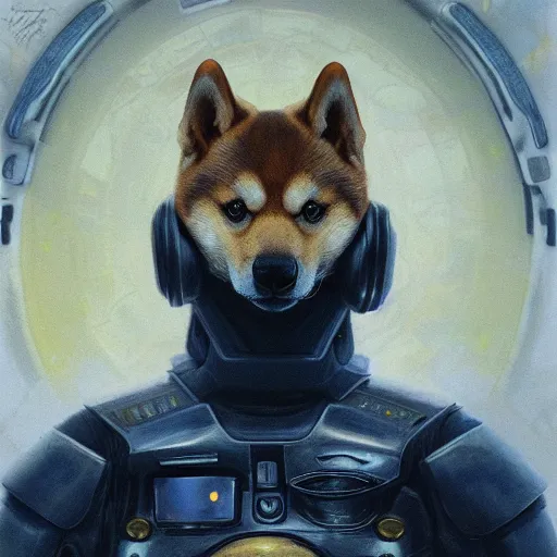 Prompt: lotus pose, anthropomorphic shiba inu, realistic scifi cyberpunk, wearing the expanse season 2 - goliath powered armor, portrait art by donato giancola and greg rutkowski, realistic face, digital art, trending on artstation, symmetry