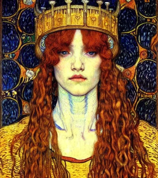 Image similar to detailed realistic beautiful young medieval queen face portrait by jean delville, gustav klimt and vincent van gogh, art nouveau, symbolist, visionary, gothic, pre - raphaelite, muted earthy colors, desaturated