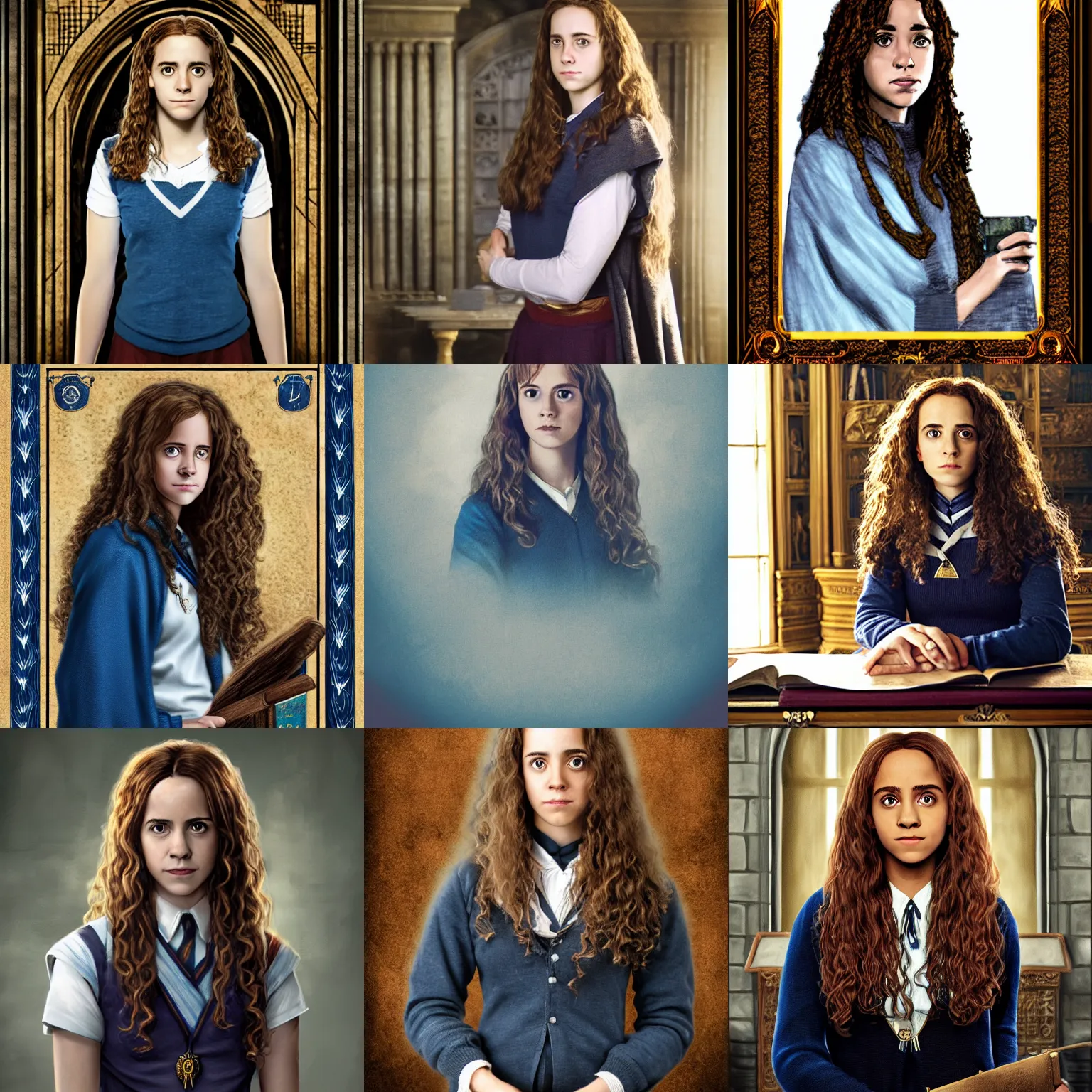 Prompt: A portrait photo of Hermione Granger in the Ravenclaw common room