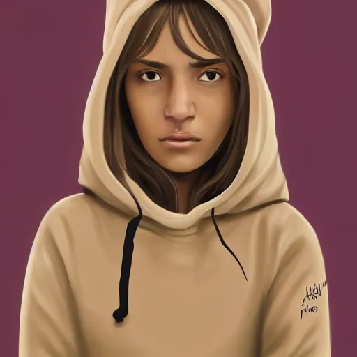 Prompt: young Latin girl with a beige hoodie, shy, focus on face, still, photograph, digital painting, trending on artstation, masterpiece, in the style of JB Casacop, pixar