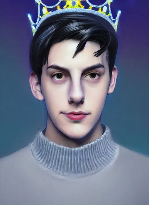 Image similar to portrait of teenage jughead jones wearing a light grey crown, crown, blue turtleneck, 1 9 5 0 s, closed eyes, photorealistic, black hair, glowing lighting, intricate, elegant, glowing lights, highly detailed, digital painting, artstation, concept art, smooth, sharp focus, illustration, art by wlop, mars ravelo and greg rutkowski