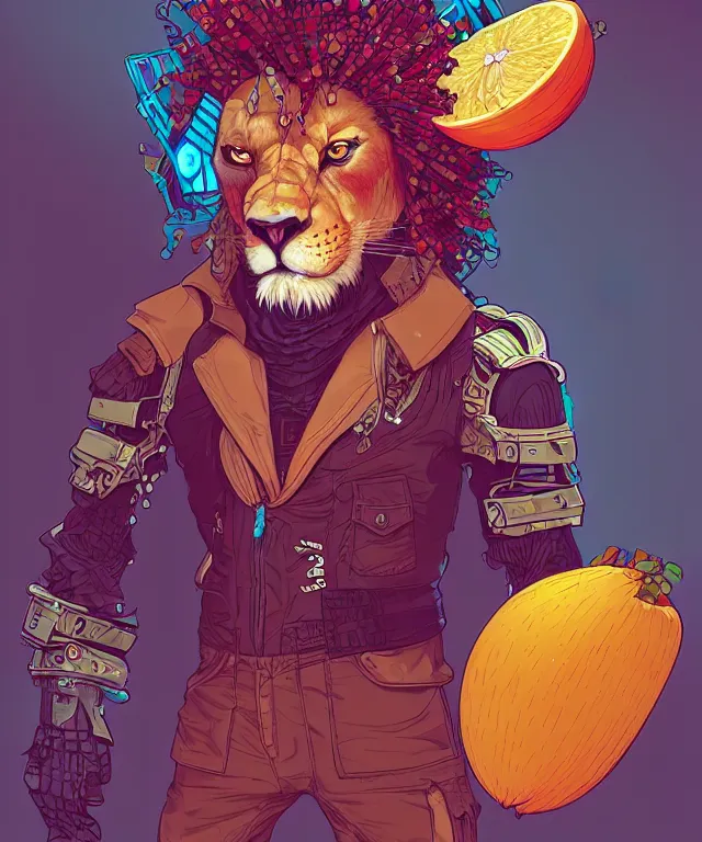 Image similar to a portrait of an anthropomorphic cyberpunk lion holding a fruit basket, fantasy, elegant, digital painting, artstation, concept art, matte, sharp focus, illustration, art by josan gonzalez