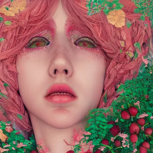 Image similar to the portrait of an absurdly beautiful, graceful, elegant, sophisticated, innocent woman made of strawberries and green petals looking up, an ultrafine hyperdetailed illustration by kim jung gi, irakli nadar, intricate linework, bright colors, octopath traveler, final fantasy, unreal engine 5 highly rendered, global illumination, radiant light, detailed and intricate environment