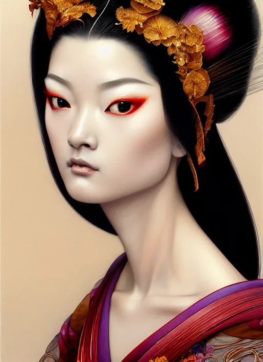 Image similar to organic Geisha portrait, pearlescent skin, diffuse lighting, fantasy, intricate, elegant pose, highly detailed, lifelike, photorealistic, digital painting, artstation, illustration, concept art, different point of view, smooth, sharp focus, art by John Collier and Albert Aublet and Leonardo da vinci and Moebius and Krenz Cushart