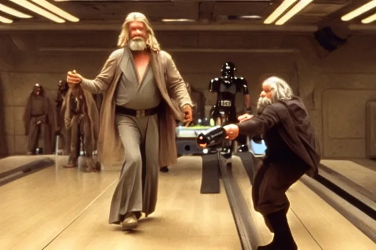 Image similar to Jeff Bridges from The Big Lebowski bowling in the Mos Eisley Cantina from Star Wars with Darth Vader