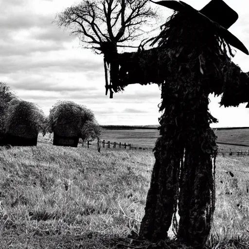 Prompt: hookland village. hedges are on fire and the scarecrows dance. folk horror. black and white